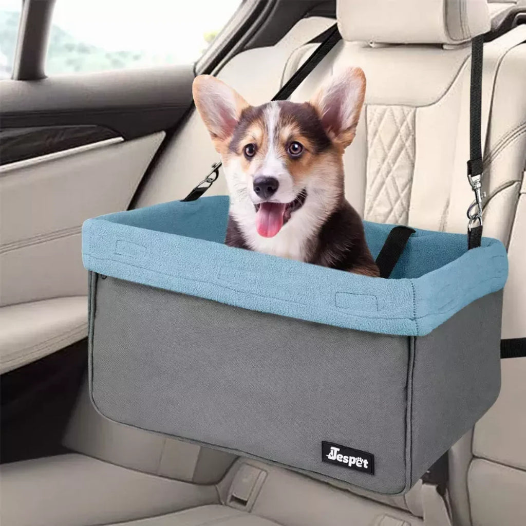 Dog sitting in a gray and blue pet seat in a car