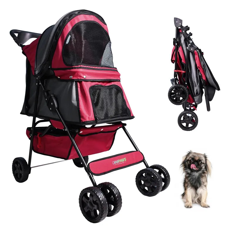 Red and black pet stroller with a small dog on a white background