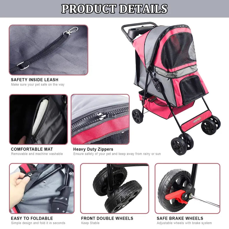 Pet stroller with safety features and design details on a white background