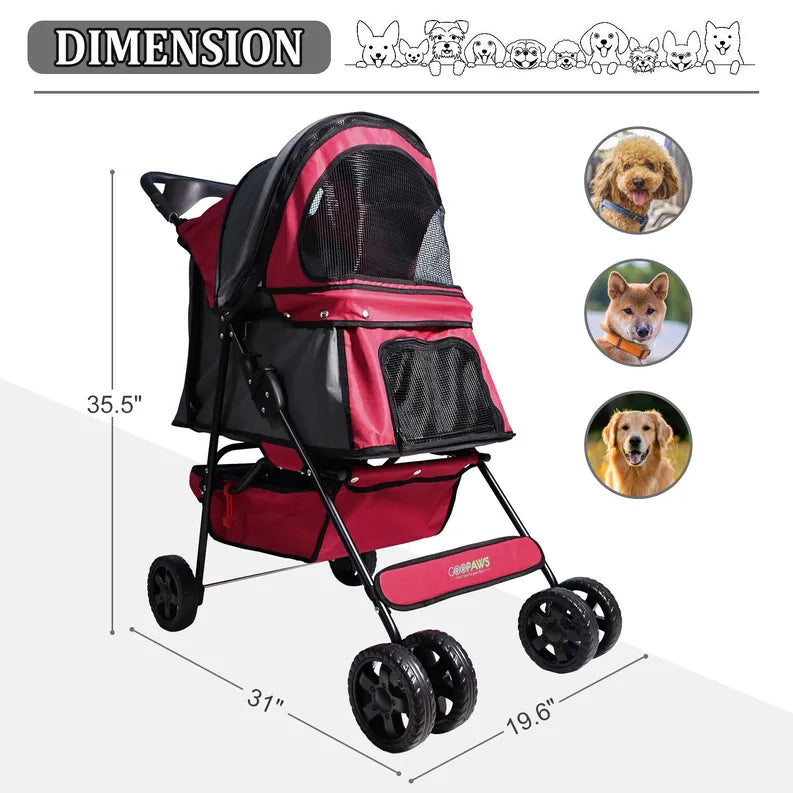 Red pet stroller with dimensions on a white background