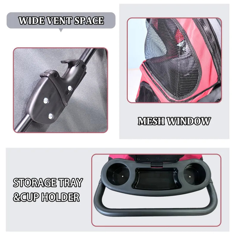 Pet carrier with wide vent space, mesh window, storage tray, and cup holder features.