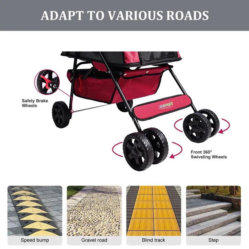 Red stroller with labeled wheels on a white background, demonstrating adaptability to various road conditions.
