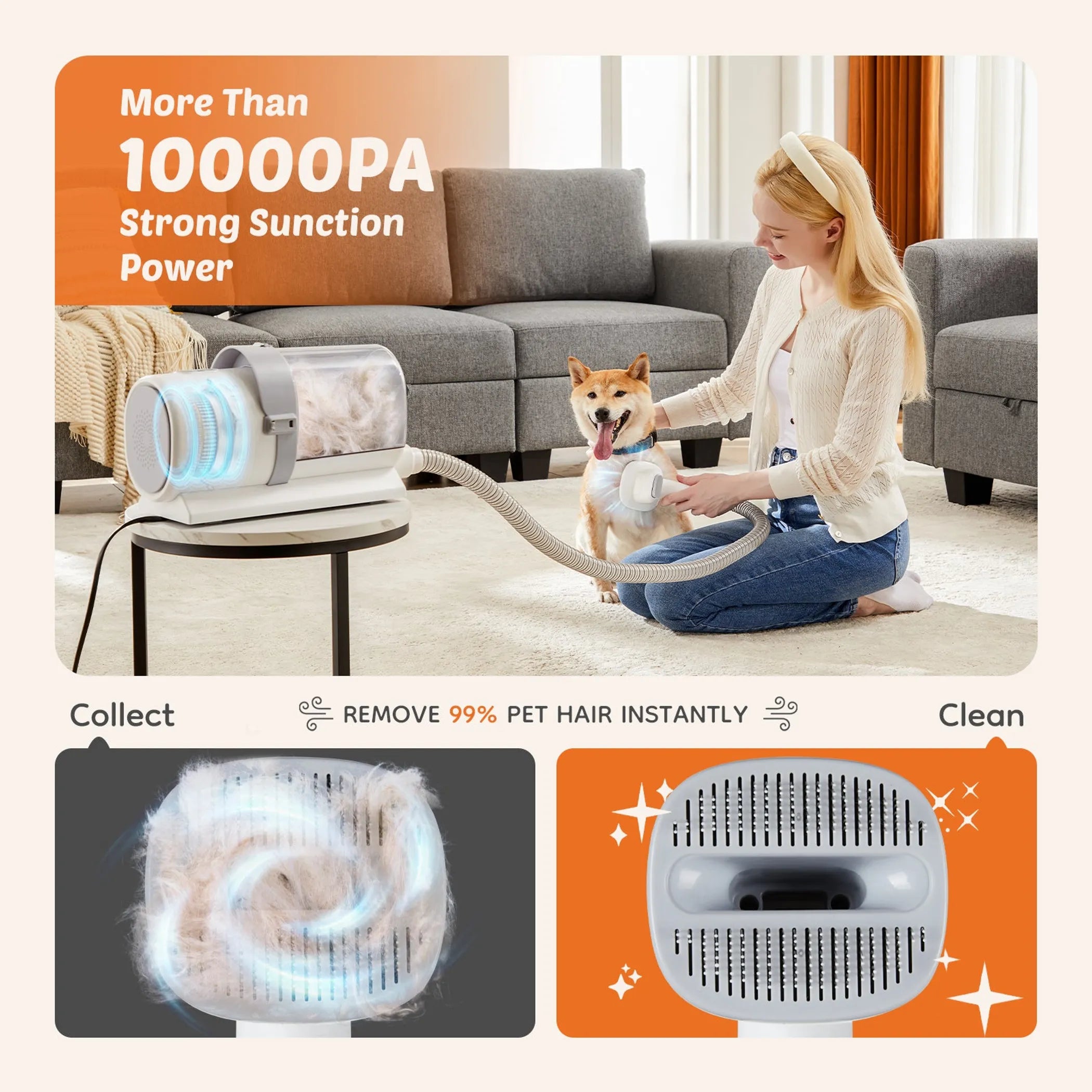 Woman using a pet hair removal tool in a living room with text highlighting suction power and pet hair collection.