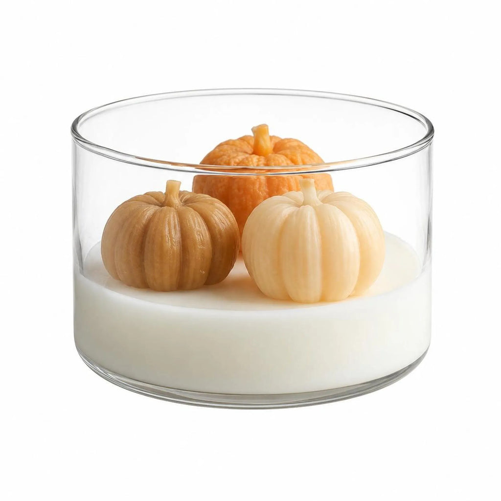 4" Brown Orange And White Latte And Pumpkin Scented Mini Pumpkin Candles In Clear Glass Jar