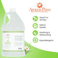 Aroma Paws pet grooming solution bottle with product features on a green and white background