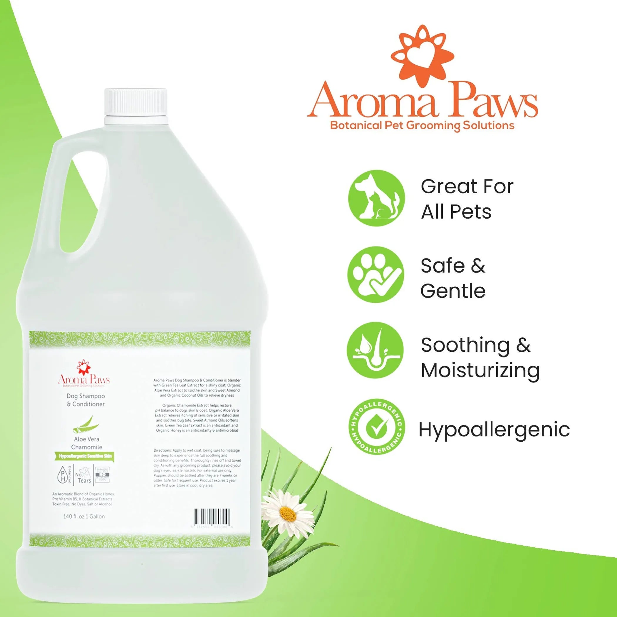 Aroma Paws pet grooming solution bottle with product features on a green and white background