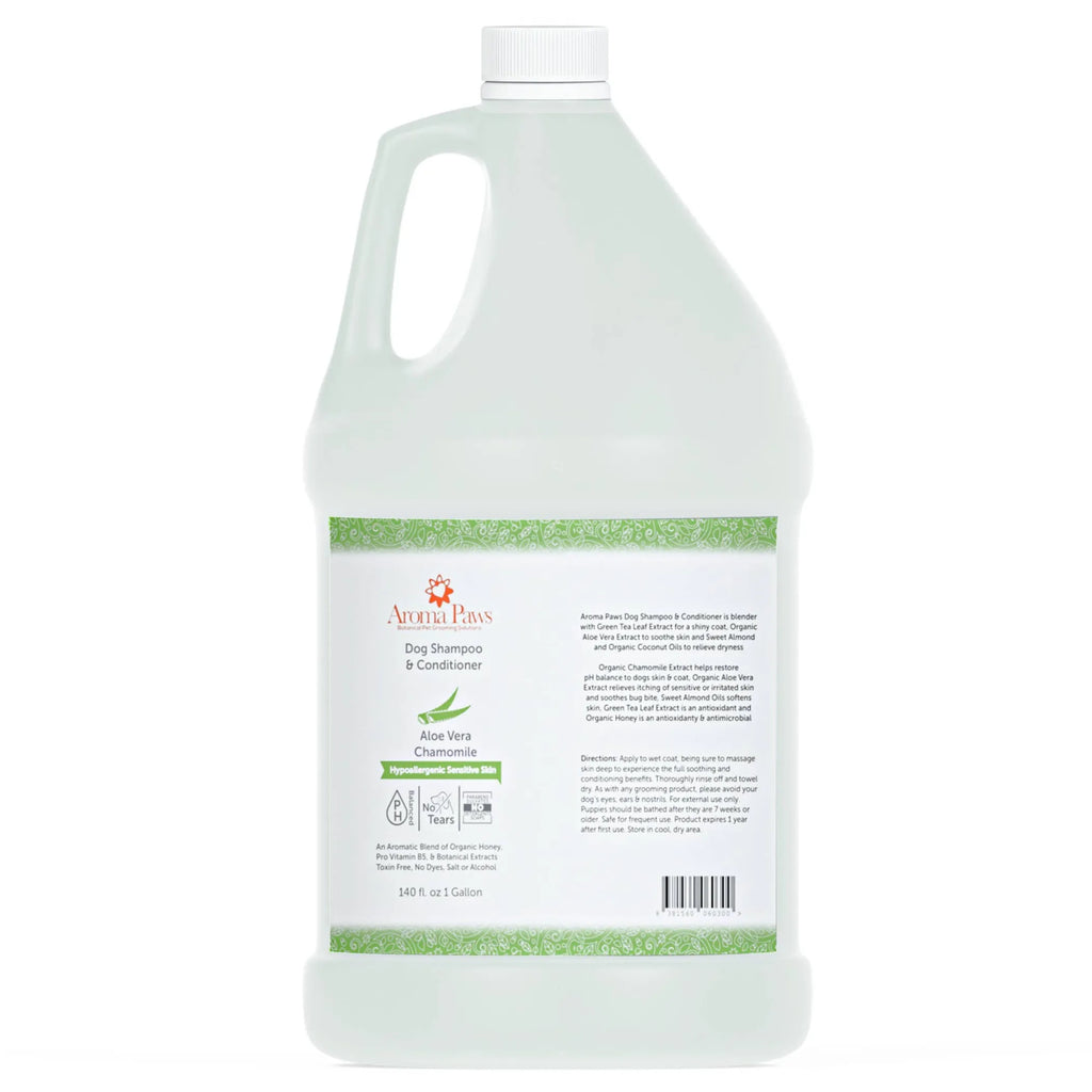 Large bottle of Aroma Paws dog shampoo and conditioner on a white background