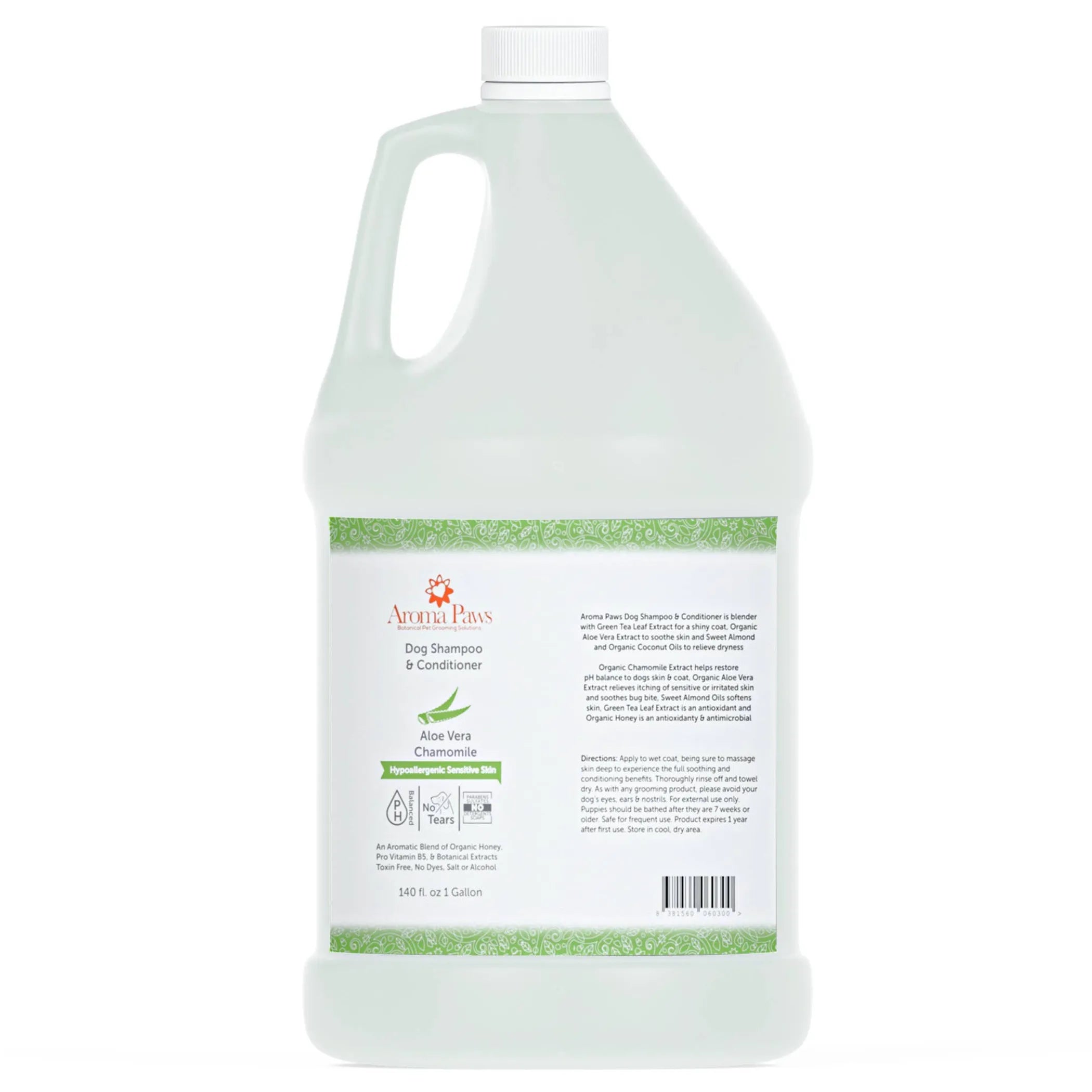 Large bottle of Aroma Paws dog shampoo and conditioner on a white background