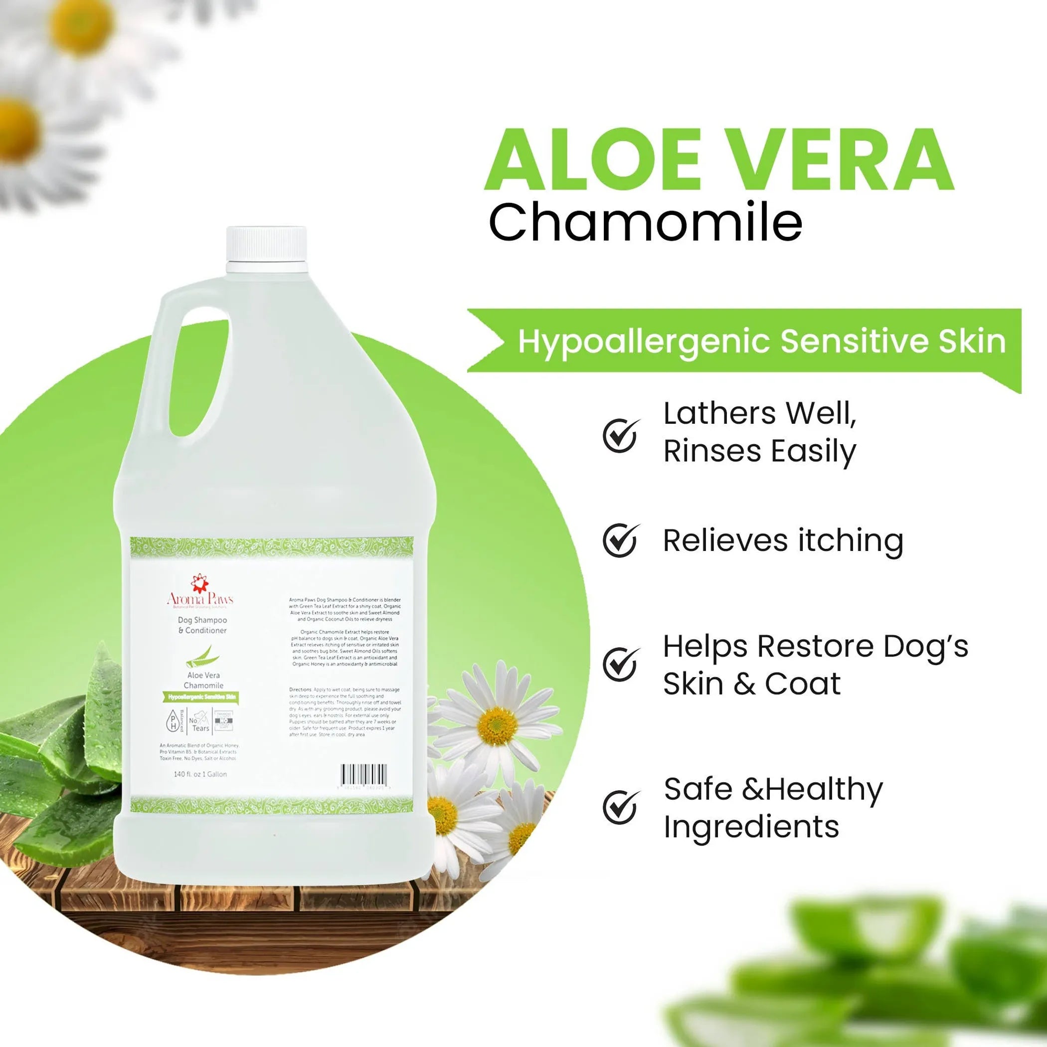 Aloe vera chamomile product with benefits listed on a white background