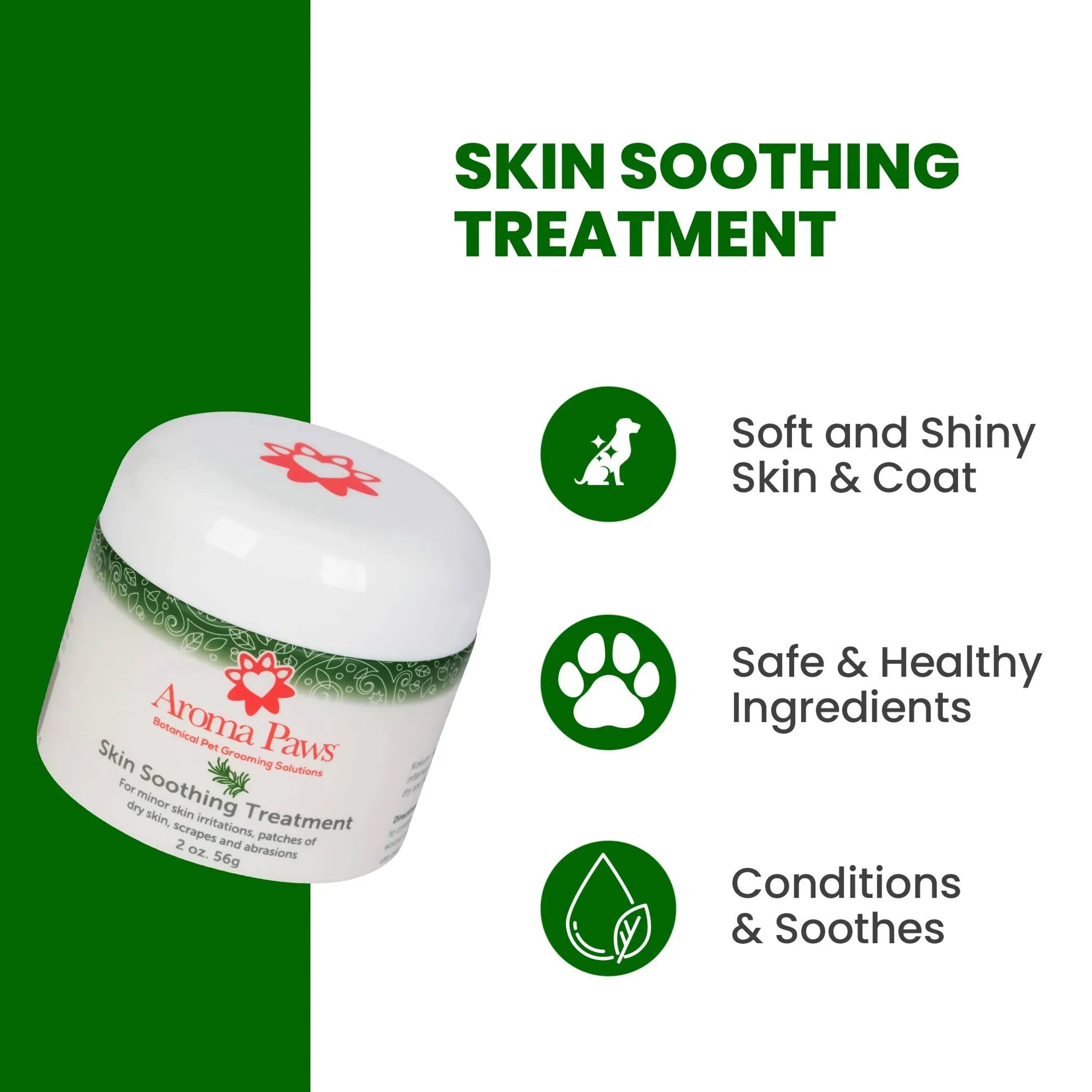 Aroma Paws skin soothing treatment jar with benefits listed on a green and white background