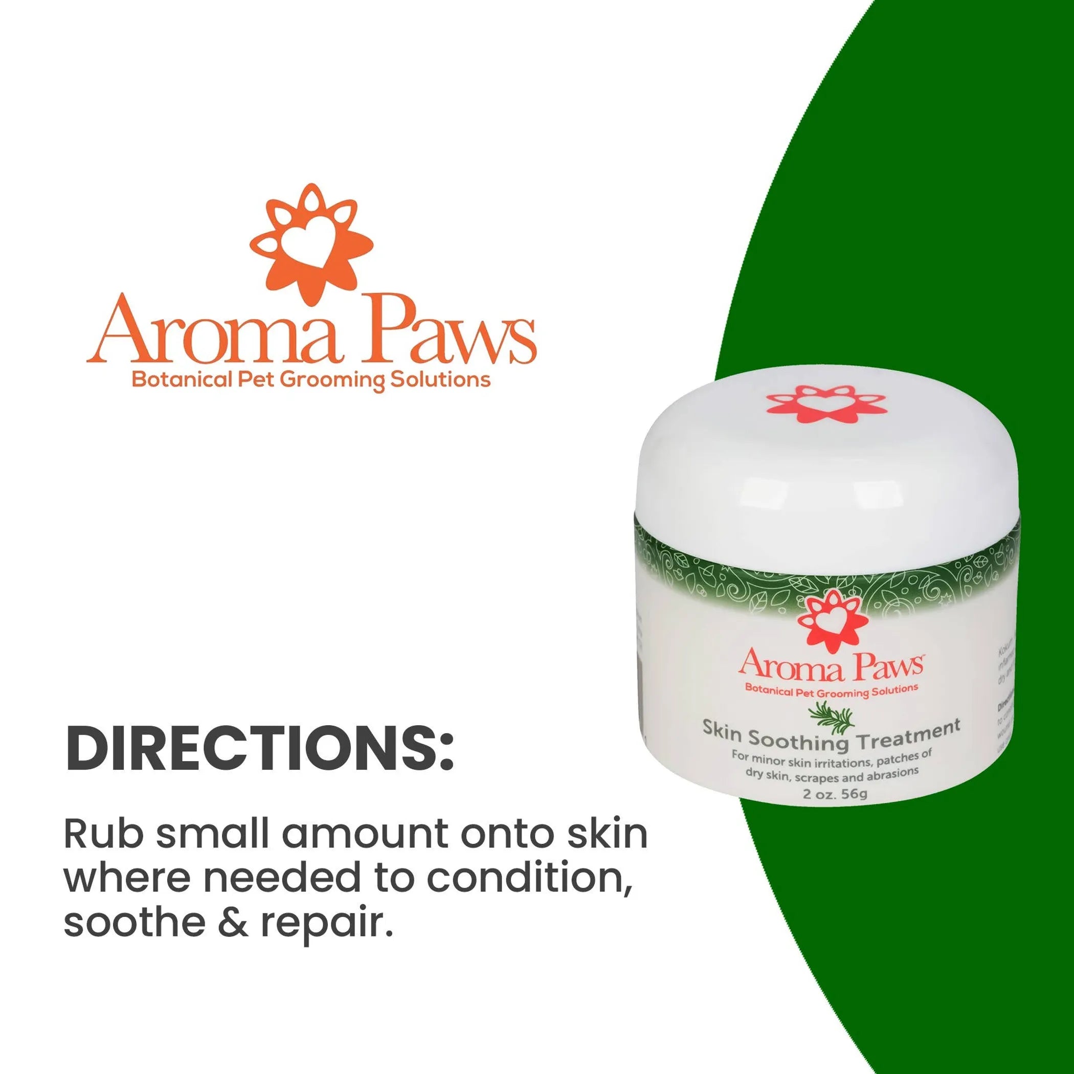 Aroma Paws skin soothing treatment jar with directions on a white background