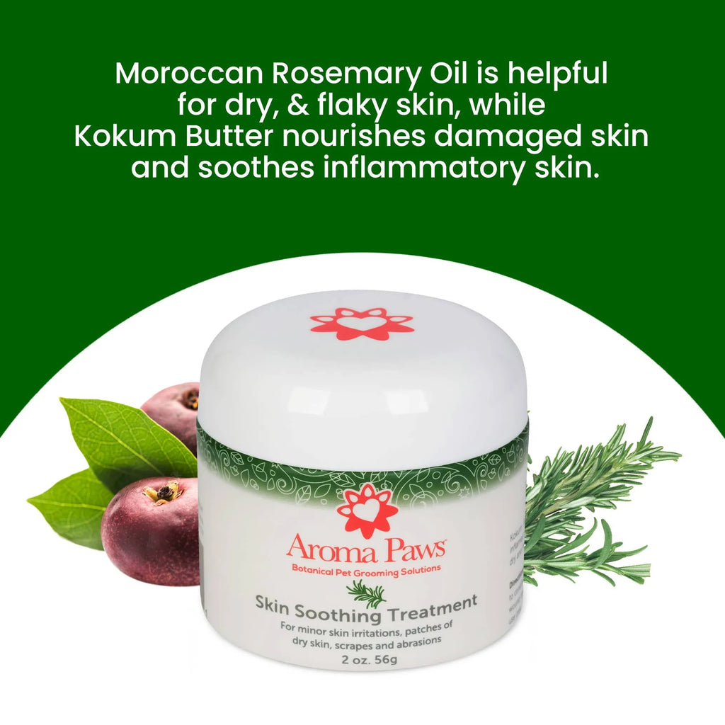 Aroma Paws skin soothing treatment jar with Moroccan Rosemary Oil and Kokum Butter text on a green background