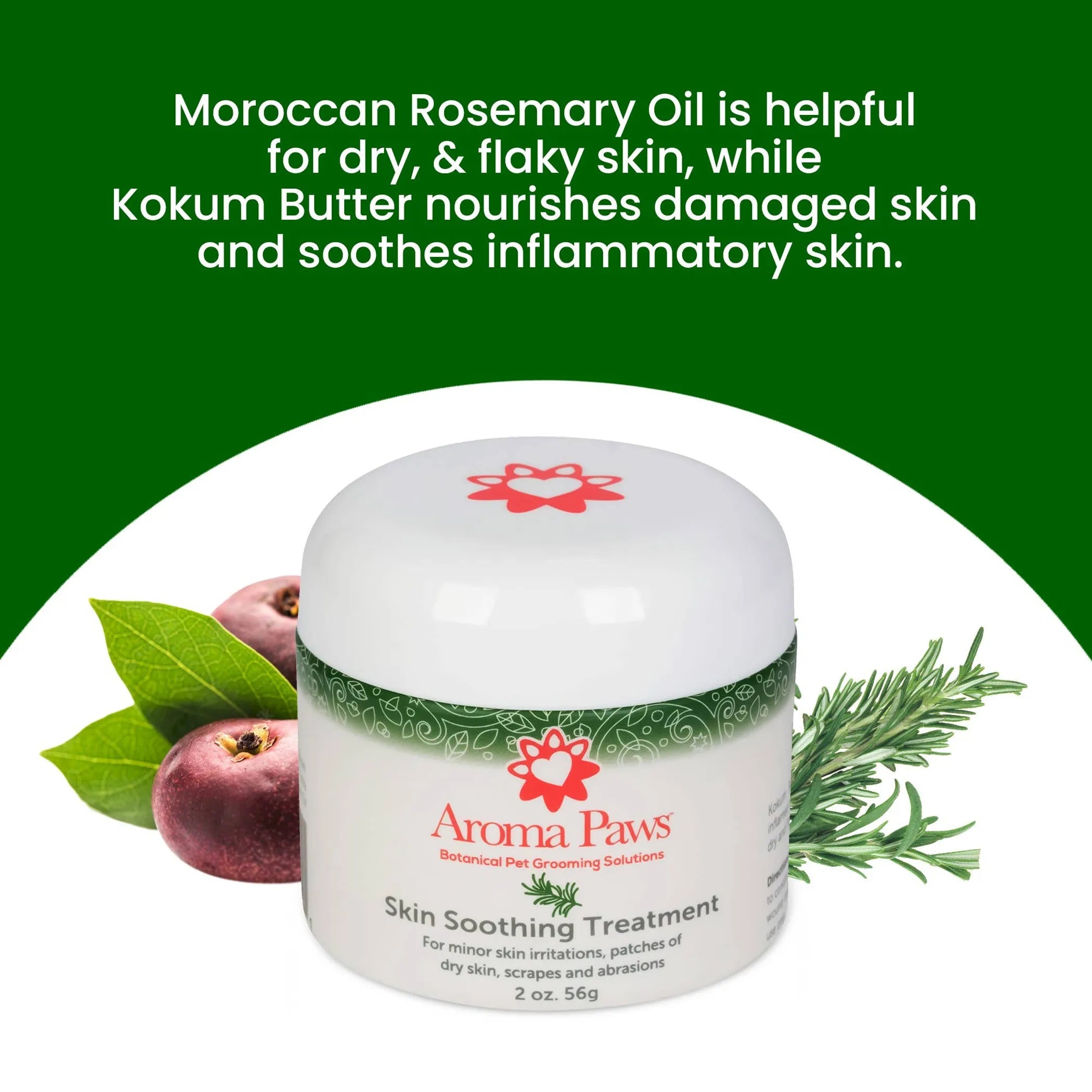 Aroma Paws skin soothing treatment jar with Moroccan Rosemary Oil and Kokum Butter text on a green background