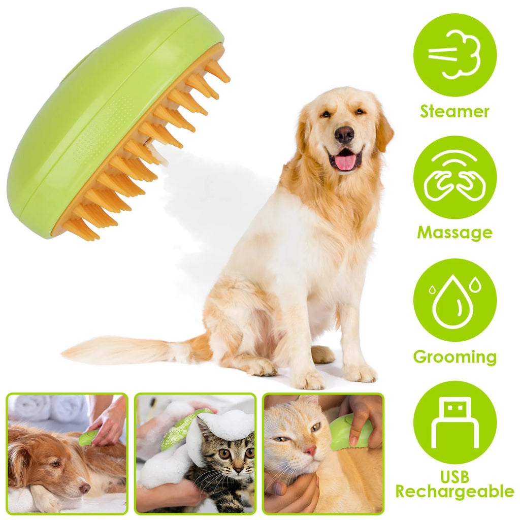 Green pet grooming brush with a dog and cat illustrations, and text indicating features like steamer, massage, grooming, and USB rechargeable.