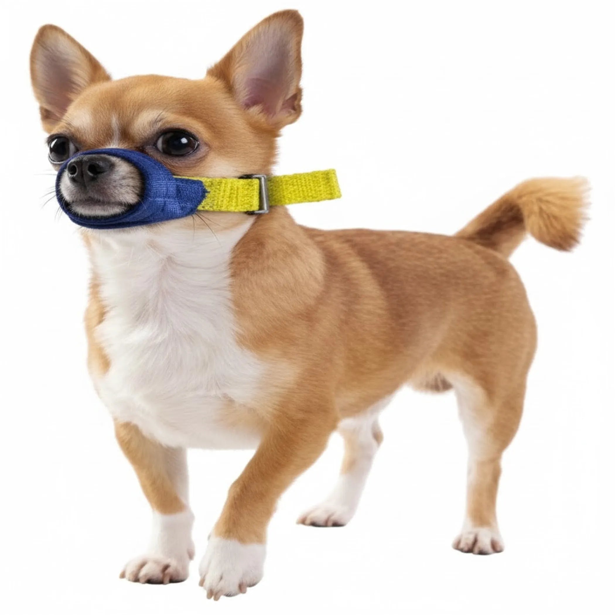 Small dog wearing a blue muzzle and yellow collar on a white background