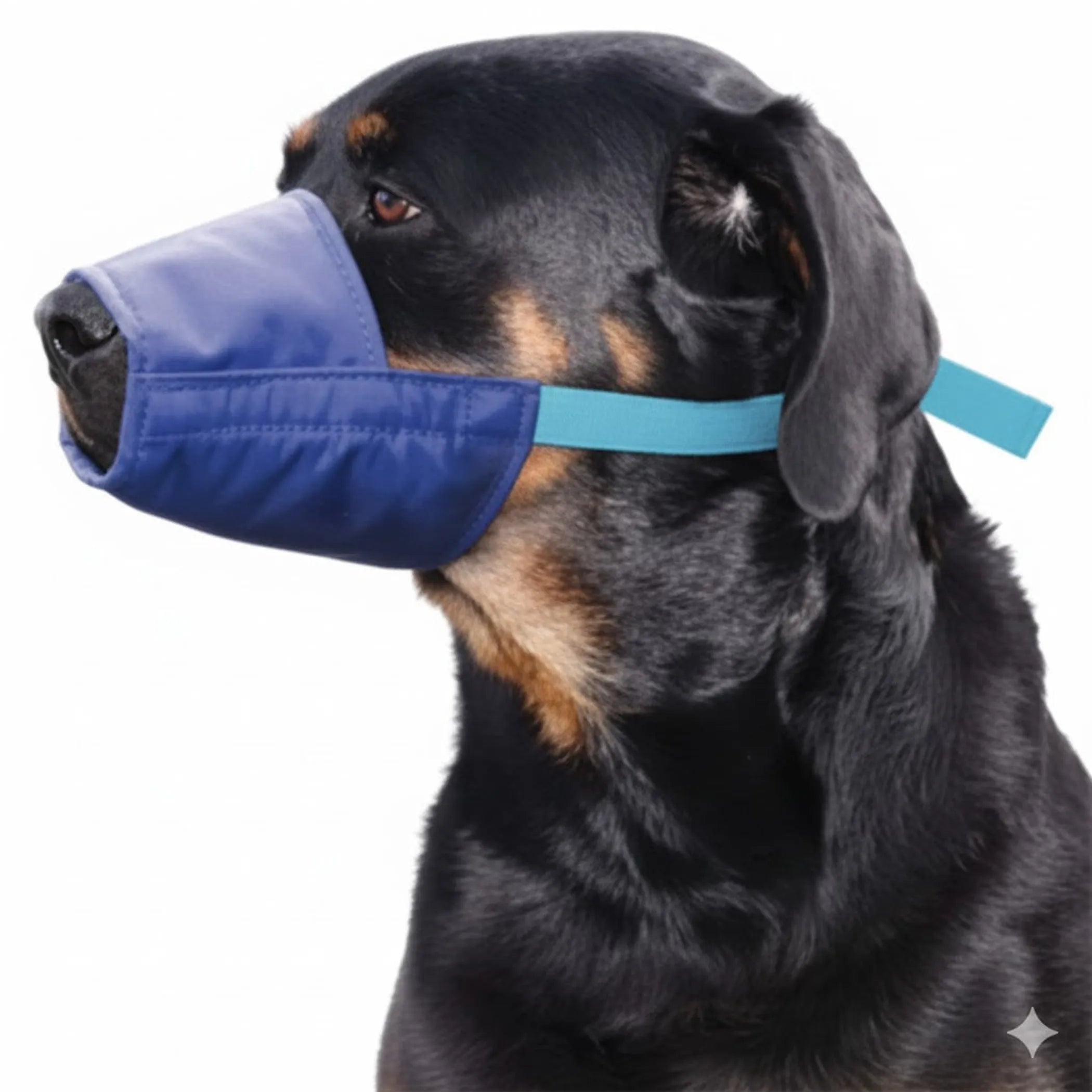 Dog wearing a blue muzzle on a white background