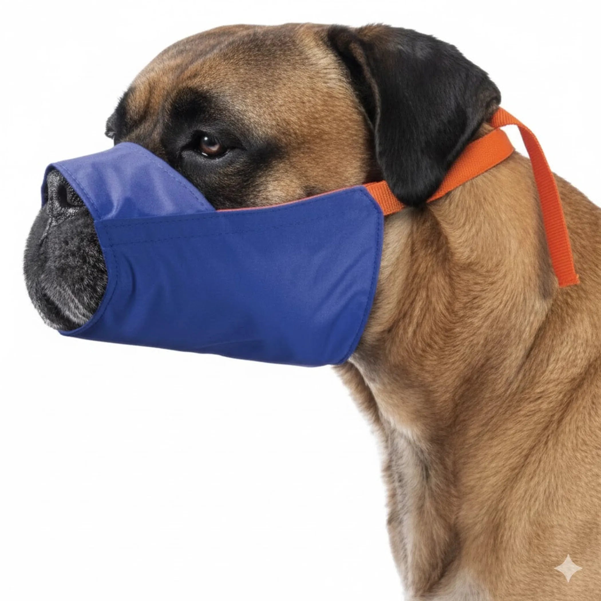 Dog wearing a blue muzzle with an orange strap on a white background