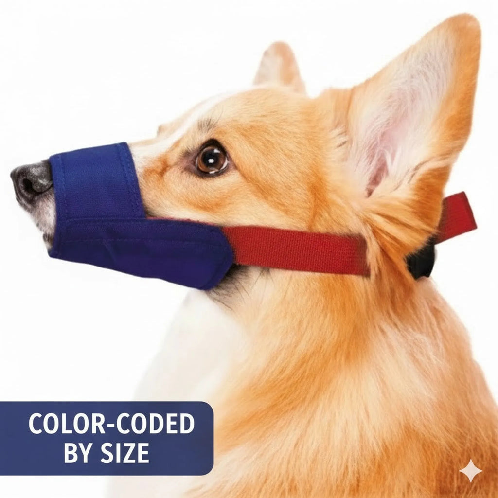 Dog wearing a color-coded muzzle with text 'Color-Coded by Size' on a white background