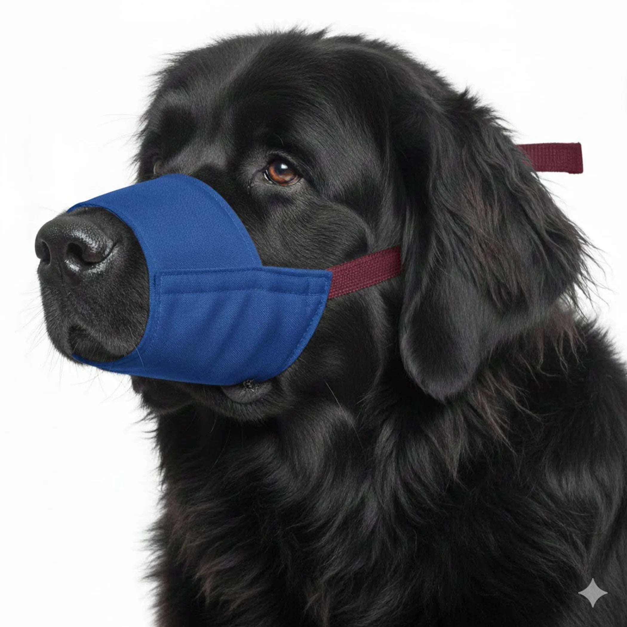 Black dog wearing a blue muzzle with a red strap on a white background