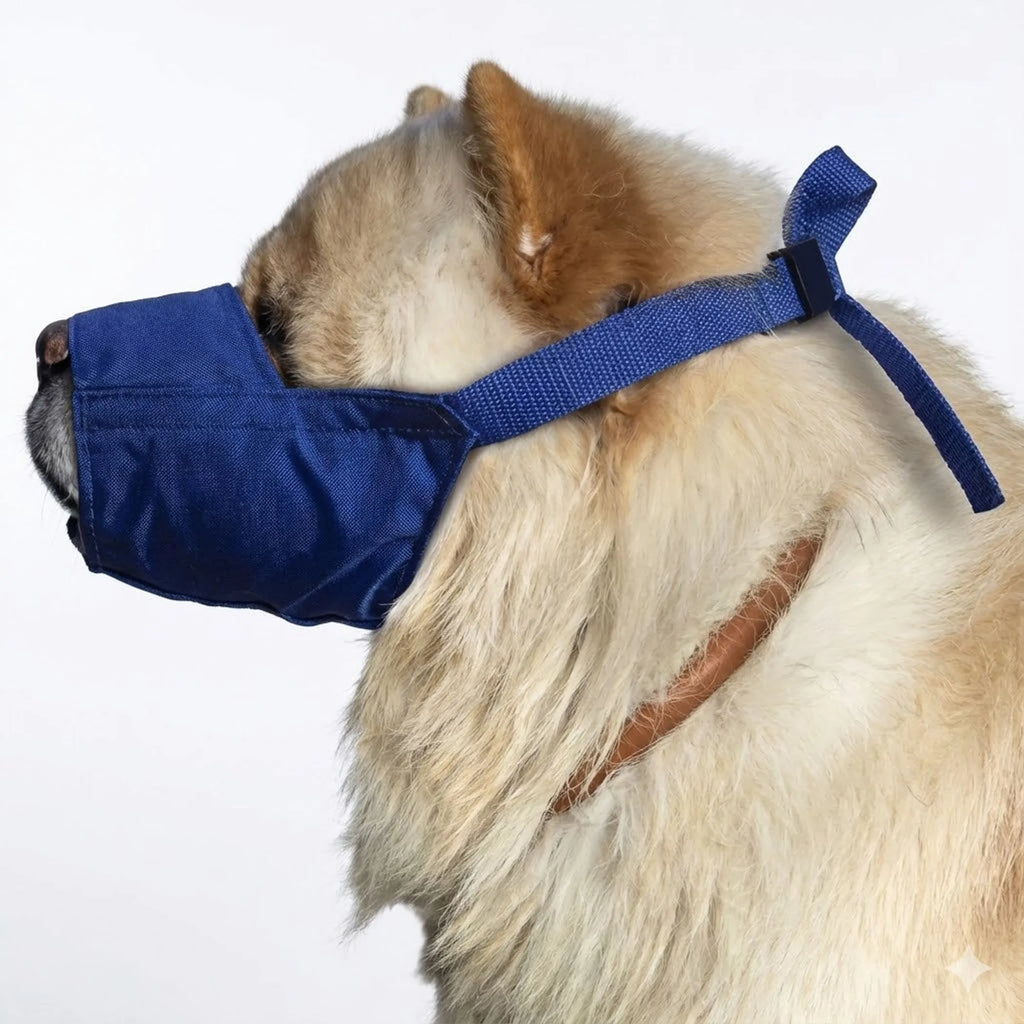 Dog wearing a blue muzzle on a white background