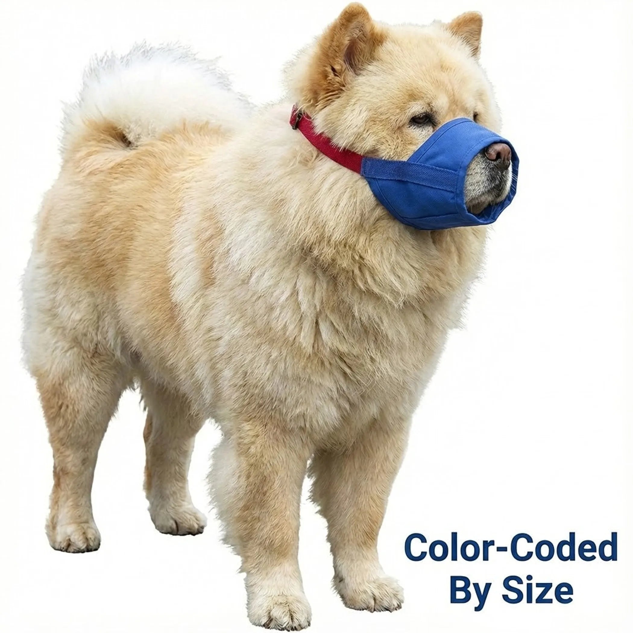 Dog wearing a blue muzzle on a white background